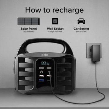 Portable 150 Watt charging station with USB-A, USB-C, AC socket, DC socket